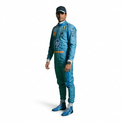 2024 Carlos Sainz HP Miami GP Ferrari F1 Race Suit in Azzurro Dino light blue featuring HP sponsor graphics, Spanish flag waist badge, and driver number 55