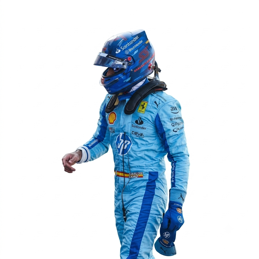 2024 Carlos Sainz HP Miami GP Ferrari F1 Race Suit in Azzurro Dino light blue featuring HP sponsor graphics, Spanish flag waist badge, and driver number 55
