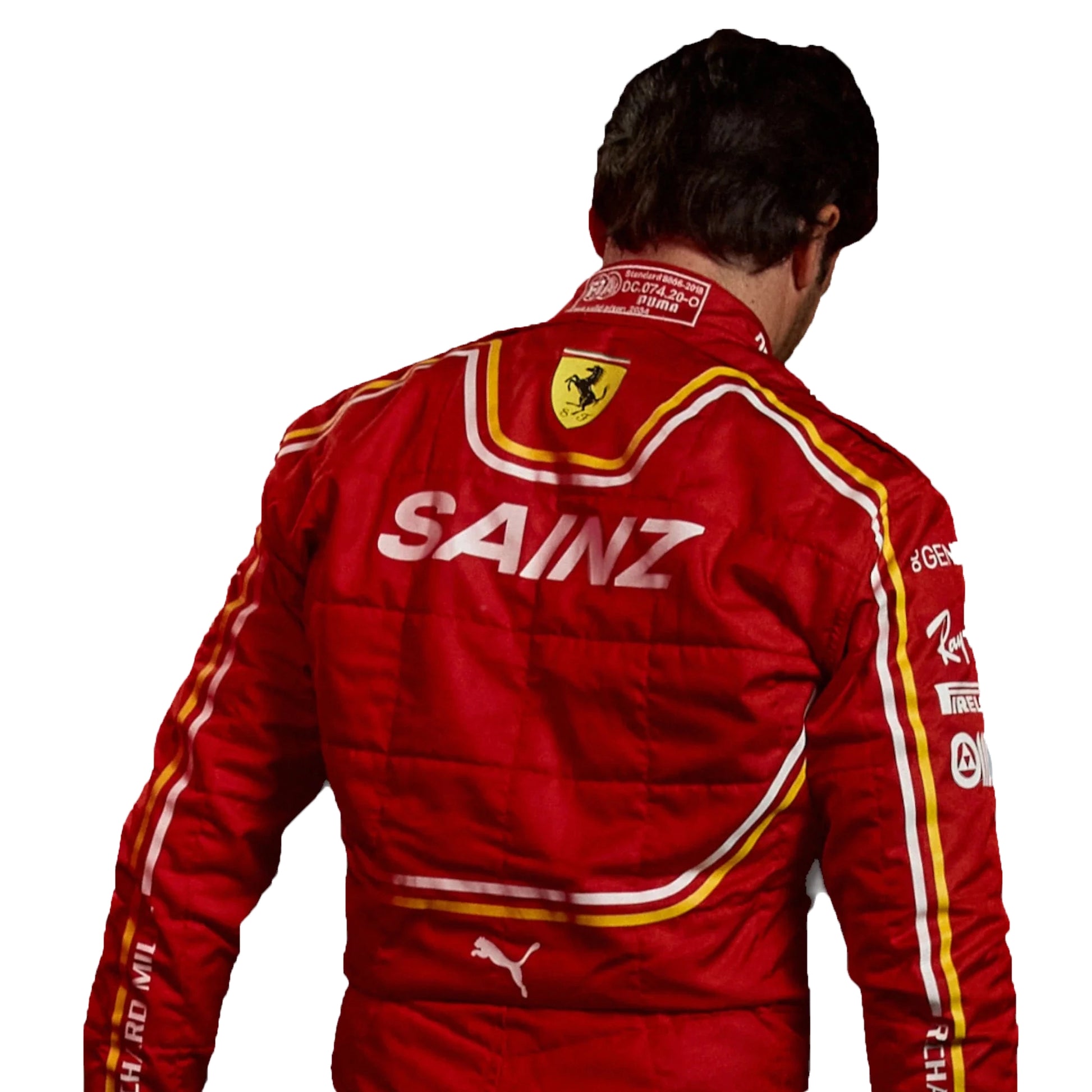 Red racing suit with 'Sainz' branding on a white background