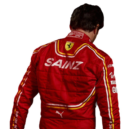 Red racing suit with 'Sainz' branding on a white background