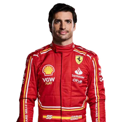 Person wearing a red racing suit with various sponsor logos on a white background