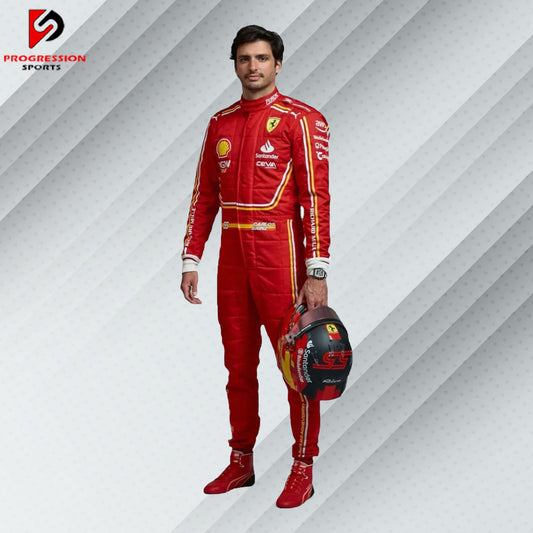 2024 Carlos Sainz Ferrari F1 race suit in classic red with updated Scuderia Ferrari sponsor logos including Shell and Santander

