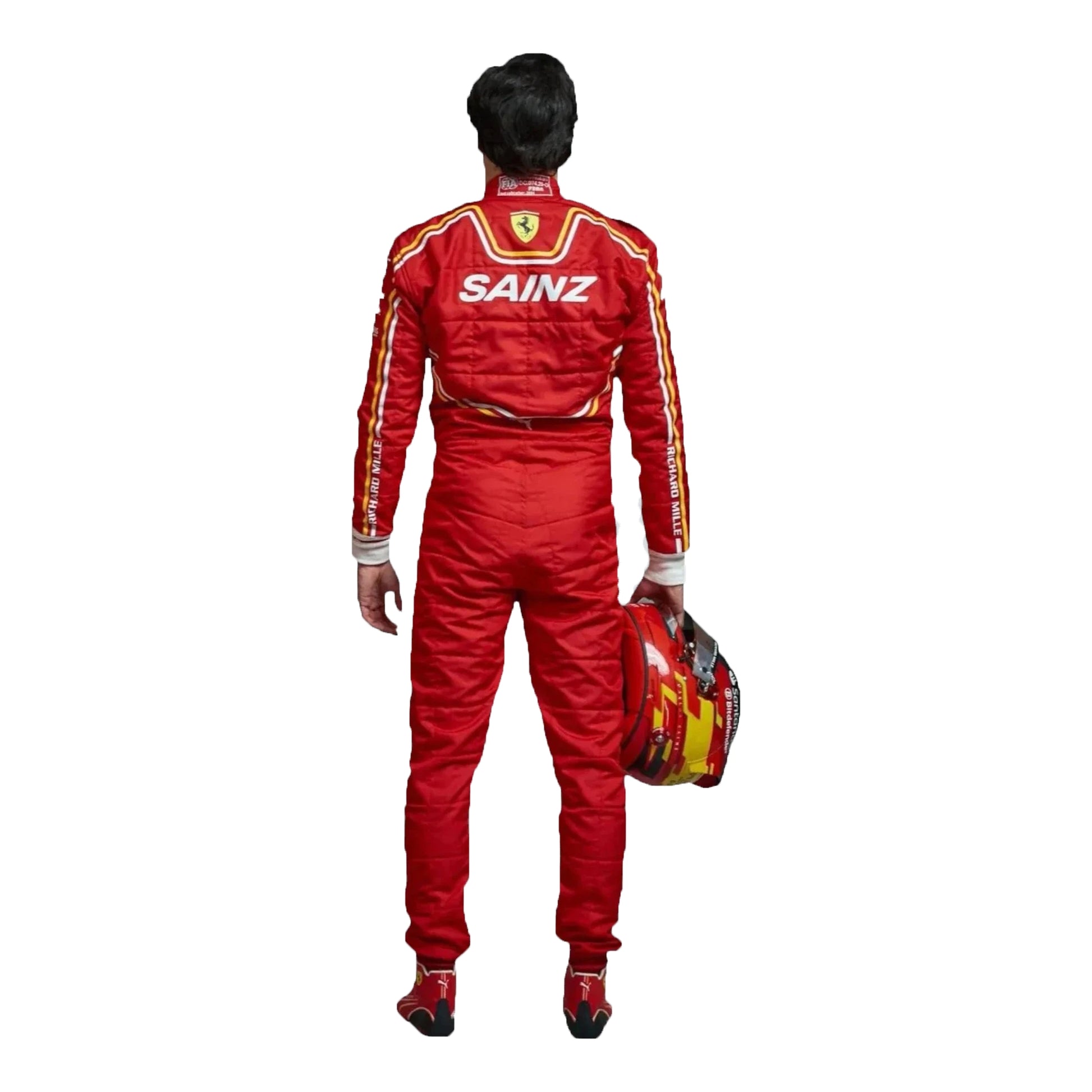Person wearing a red racing suit with 'Sainz' branding, holding a helmet on a white background