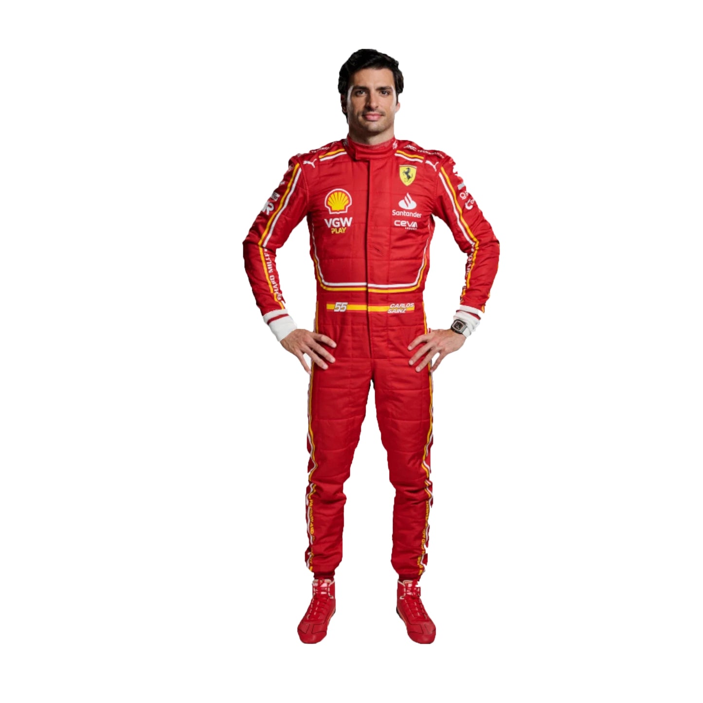 Person wearing a red racing suit with various logos on a white background