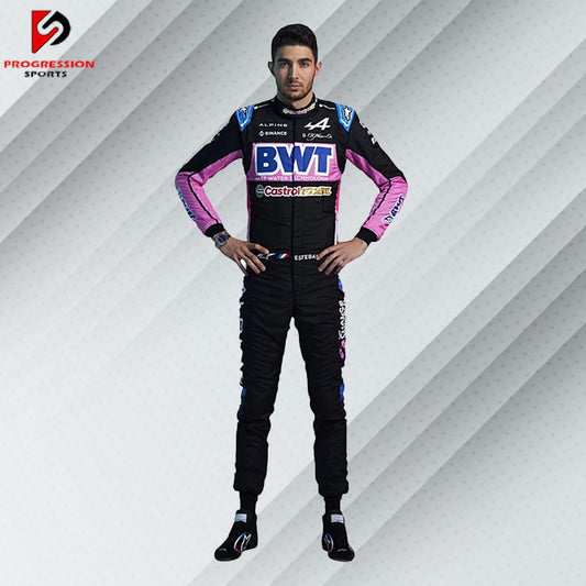 2024 Esteban Ocon BWT Alpine F1 race suit in pink and blue with BWT, Alpine, Castrol, and other official sponsor logos

