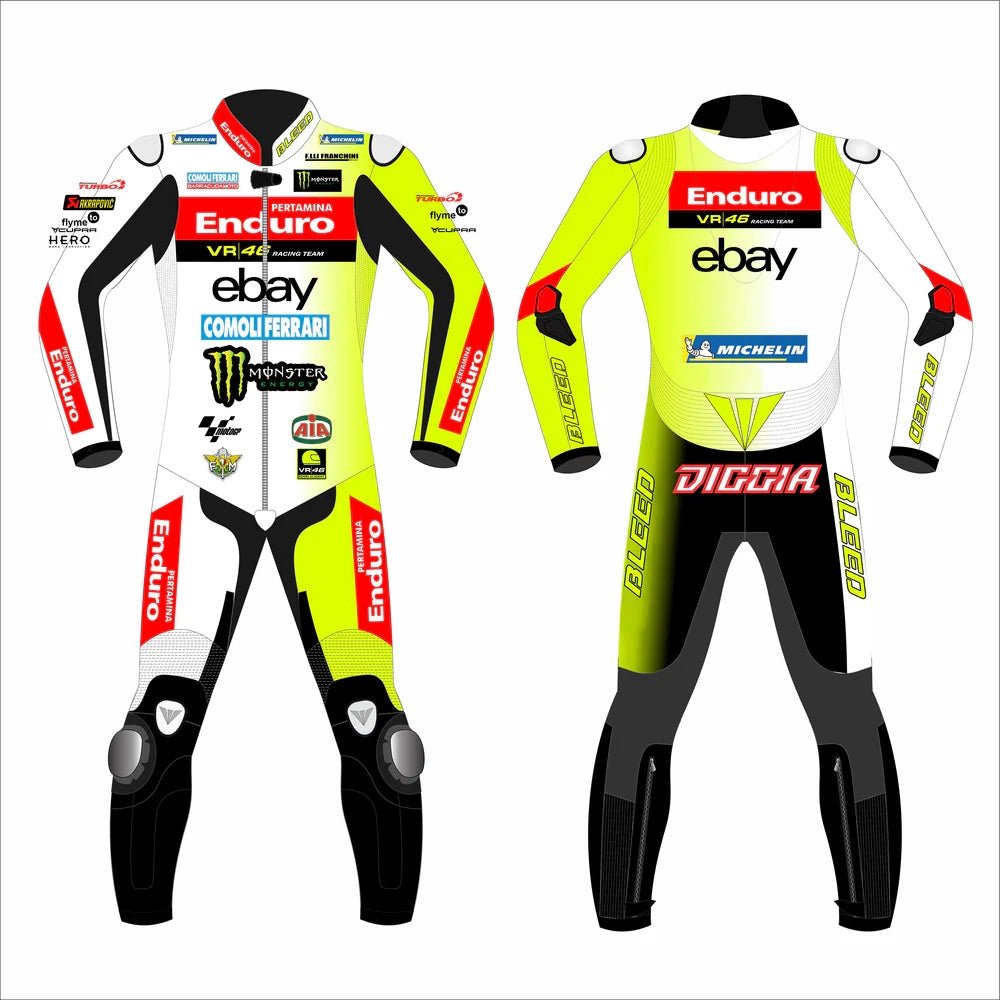 2024 Fabio Di Giannantonio VR46 Pertamina Enduro MotoGP leather race suit in white and fluo yellow with CE Level 2 armor, front view