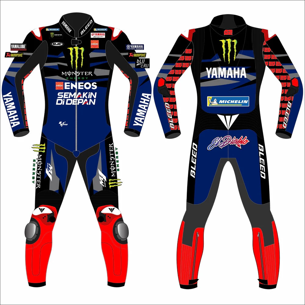 2024 Fabio Di Giannantonio VR46 Pertamina Enduro MotoGP leather race suit in white and fluo yellow with CE Level 2 armor, front view