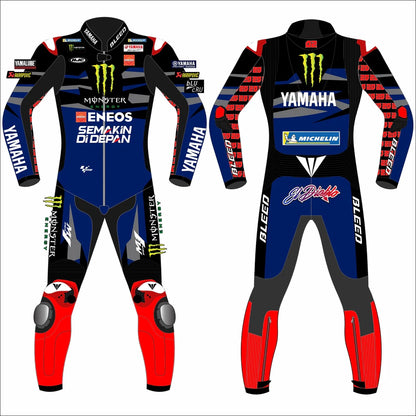 2024 Fabio Di Giannantonio VR46 Pertamina Enduro MotoGP leather race suit in white and fluo yellow with CE Level 2 armor, front view