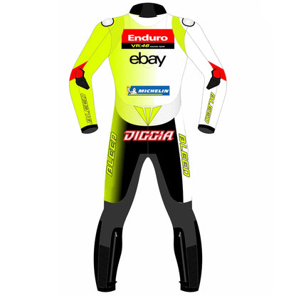 2024 Fabio Di Giannantonio VR46 Pertamina Enduro MotoGP leather race suit in white and fluo yellow with CE Level 2 armor, front view