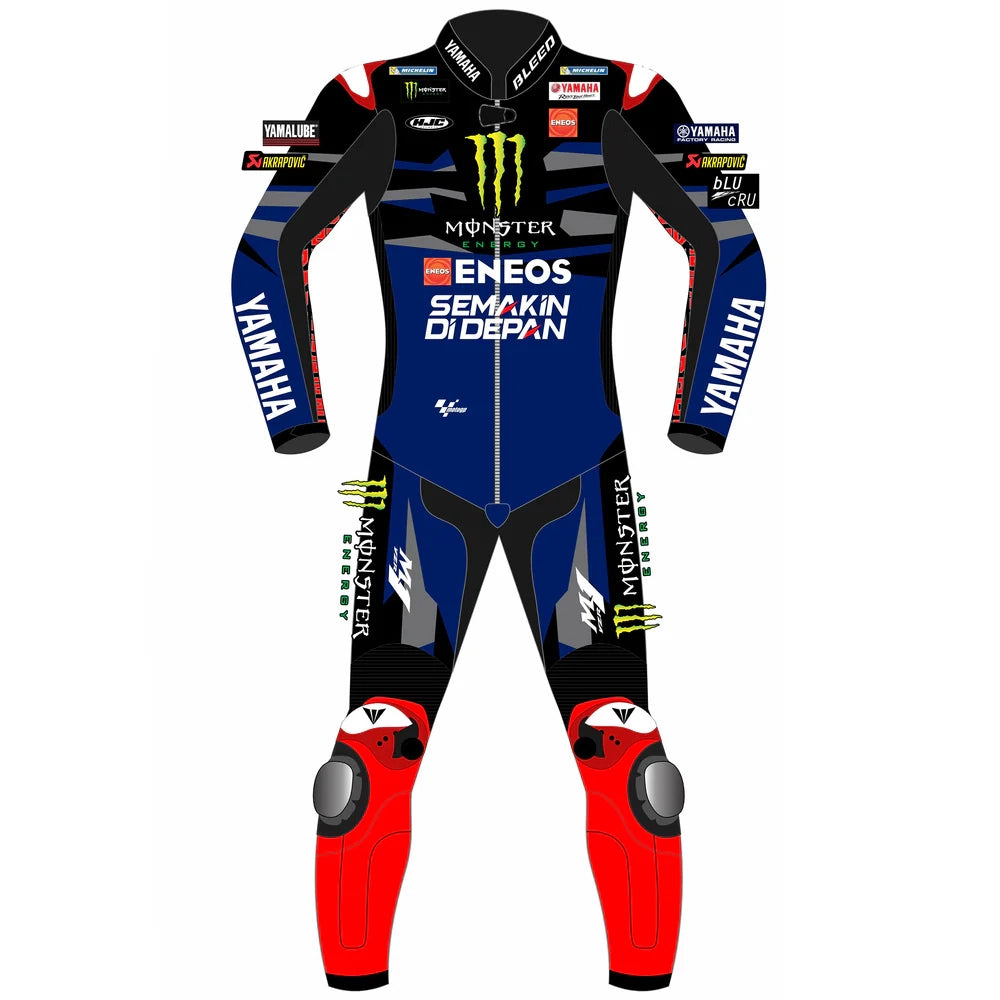 2024 Fabio Di Giannantonio VR46 Pertamina Enduro MotoGP leather race suit in white and fluo yellow with CE Level 2 armor, front view