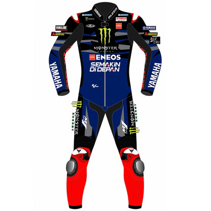 2024 Fabio Di Giannantonio VR46 Pertamina Enduro MotoGP leather race suit in white and fluo yellow with CE Level 2 armor, front view