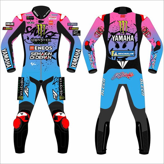 2024 Fabio Quartararo Yamaha French GP special edition leather race suit in pink, blue, and black with CE Level 2 armor, front view