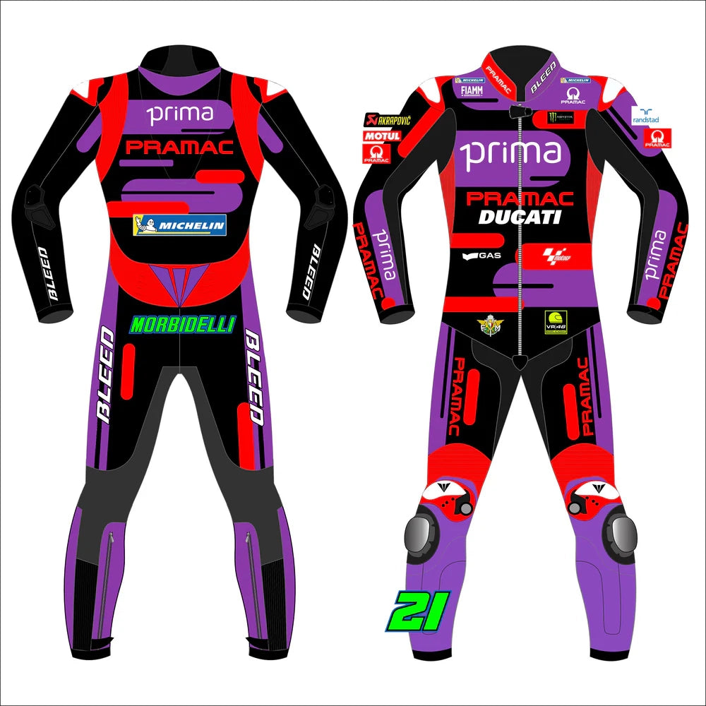 2024 Franco Morbidelli Ducati Pramac MotoGP leather race suit in purple, red, and black with CE Level 2 armor, front view