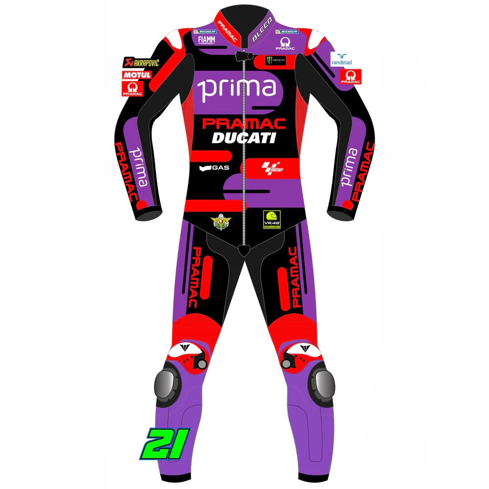 2024 Franco Morbidelli Ducati Pramac MotoGP leather race suit in purple, red, and black with CE Level 2 armor, front view
