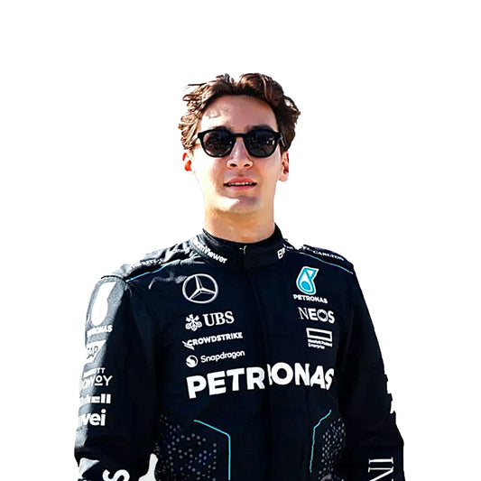 Person wearing a Formula 1 racing suit with various sponsor logos on a white background