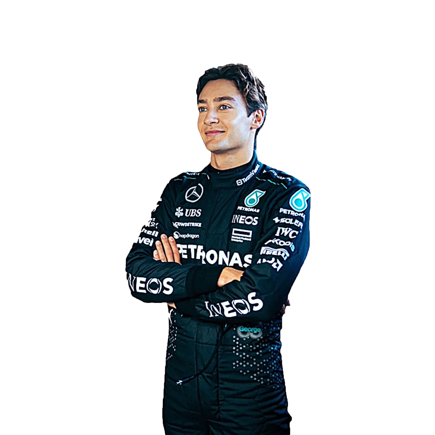 Person wearing a racing suit with various sponsor logos on a white background