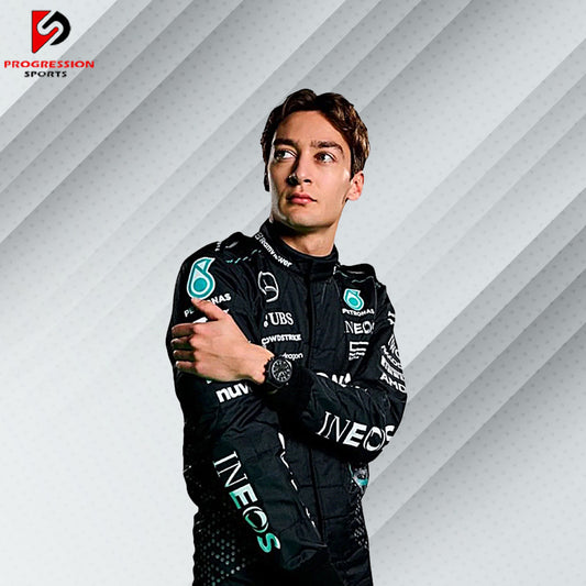 2024 George Russell Mercedes F1 race suit in sleek black with Petronas, AMG, and Mercedes-Benz sponsor logos

