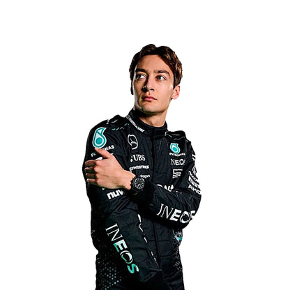 Person wearing a black racing suit with various logos on a white background