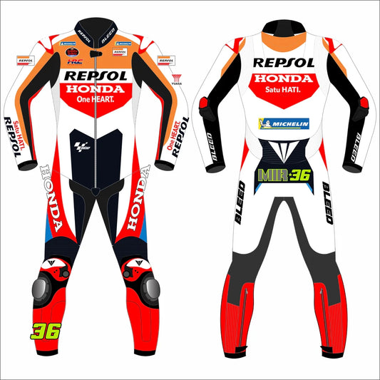 2024 Joan Mir Honda Repsol MotoGP leather race suit in white, orange, and red with CE Level 2 armor, front view