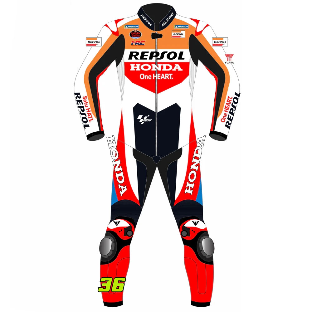 2024 Joan Mir Honda Repsol MotoGP leather race suit in white, orange, and red with CE Level 2 armor, front view