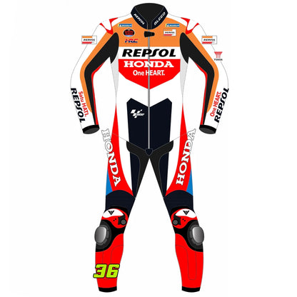 2024 Joan Mir Honda Repsol MotoGP leather race suit in white, orange, and red with CE Level 2 armor, front view