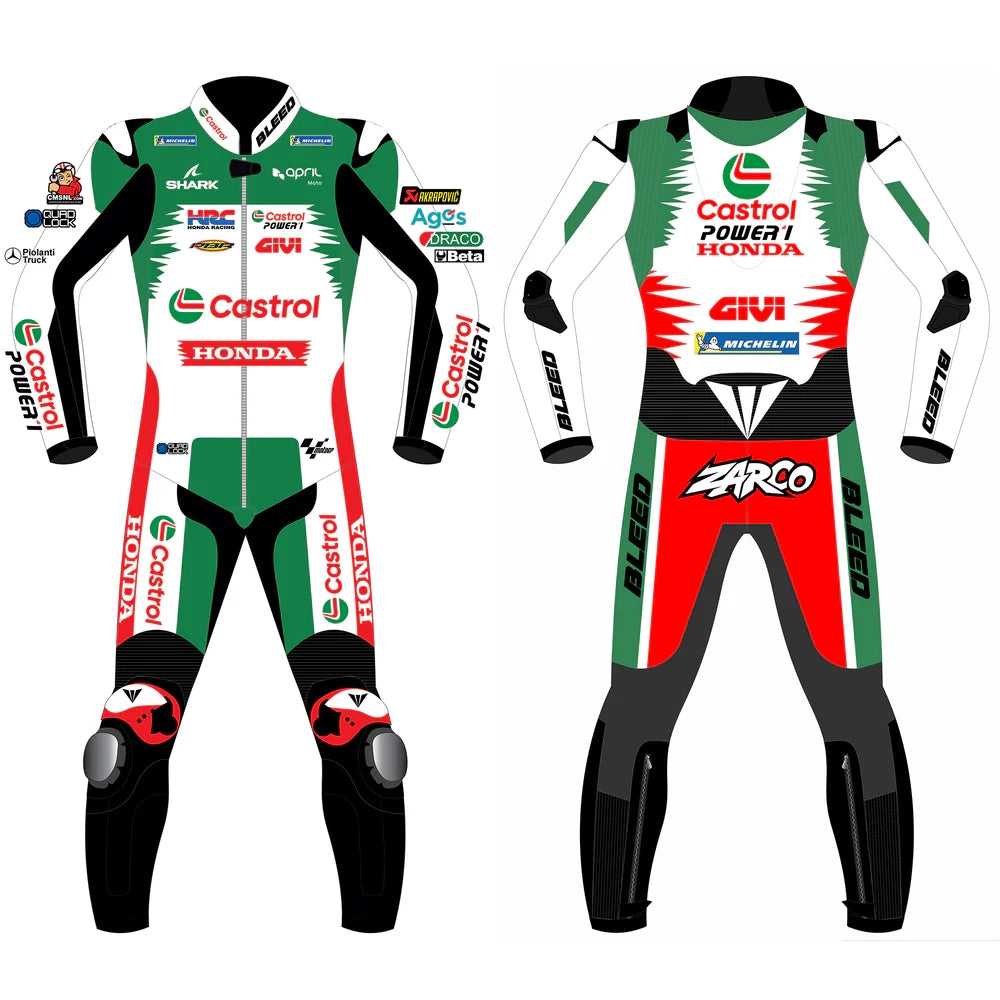 2024 Johann Zarco Honda Castrol LCR MotoGP leather race suit in green, white, and red with CE Level 2 armor, front view