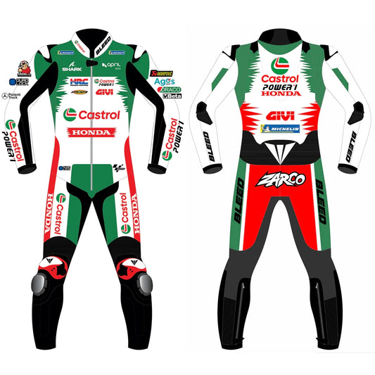 2024 Johann Zarco Honda Castrol LCR MotoGP leather race suit in green, white, and red with CE Level 2 armor, front view