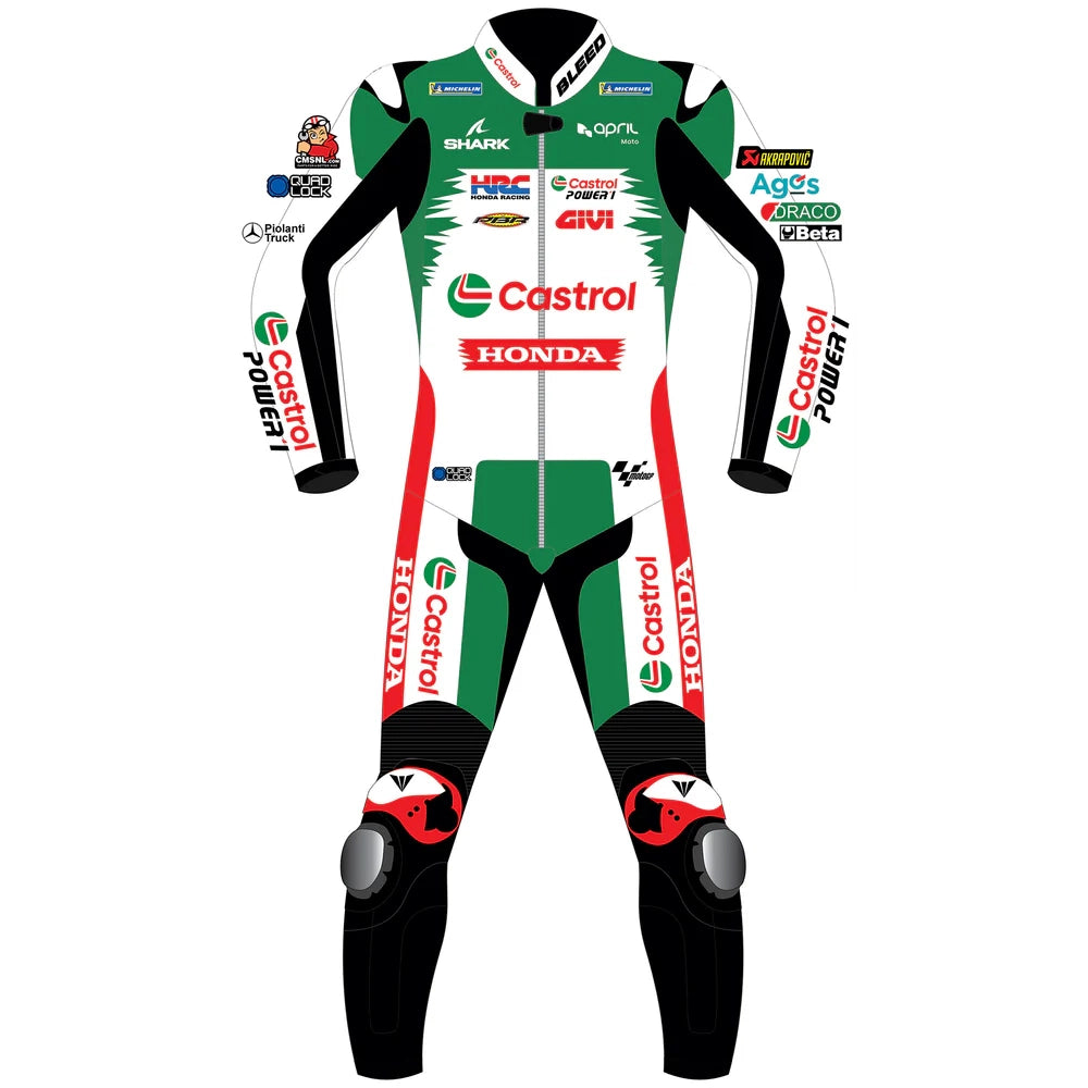 2024 Johann Zarco Honda Castrol LCR MotoGP leather race suit in green, white, and red with CE Level 2 armor, front view