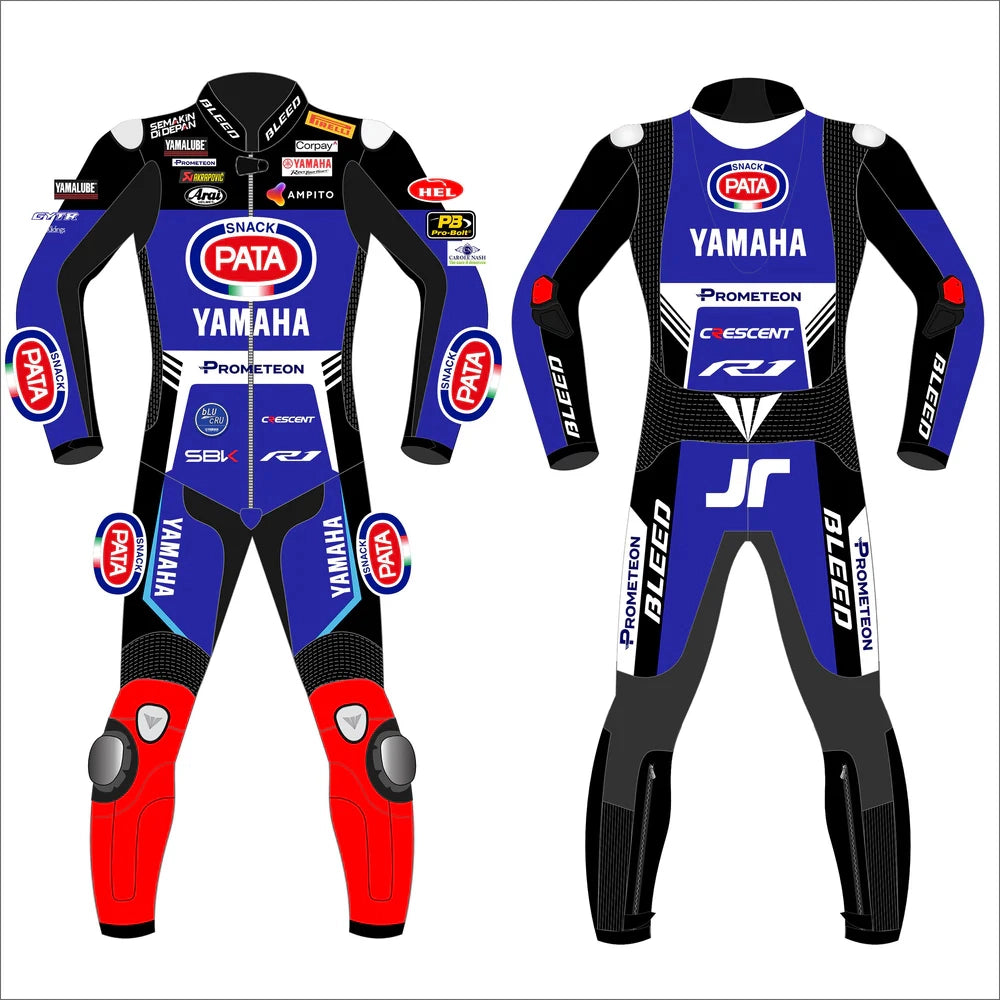 2024 Jonathan Rea Pata Yamaha WSBK leather race suit in blue, black, and red with CE Level 2 armor, front view