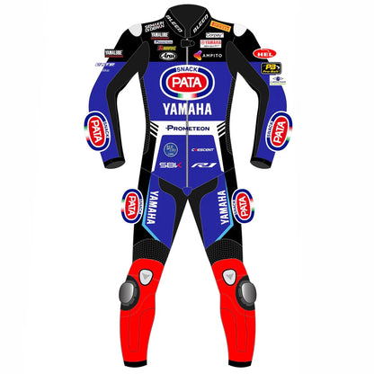 2024 Jonathan Rea Pata Yamaha WSBK leather race suit in blue, black, and red with CE Level 2 armor, front view