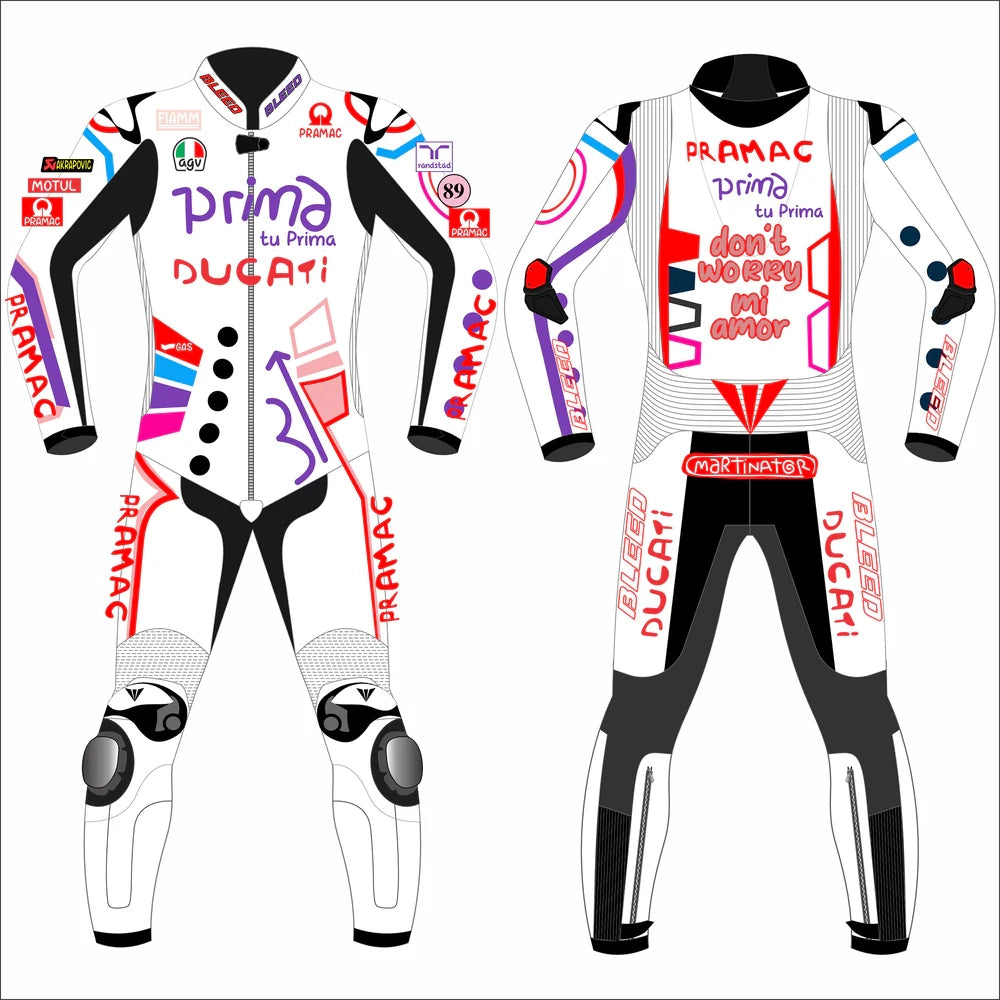 2024 Jorge Martin Ducati Pramac Catalunya GP special art edition leather race suit in white with pop-art graphics and CE Level 2 armor, front view
