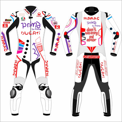 2024 Jorge Martin Ducati Pramac Catalunya GP special art edition leather race suit in white with pop-art graphics and CE Level 2 armor, front view