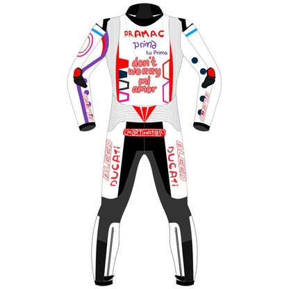 2024 Jorge Martin Ducati Pramac Catalunya GP special art edition leather race suit in white with pop-art graphics and CE Level 2 armor, front view
