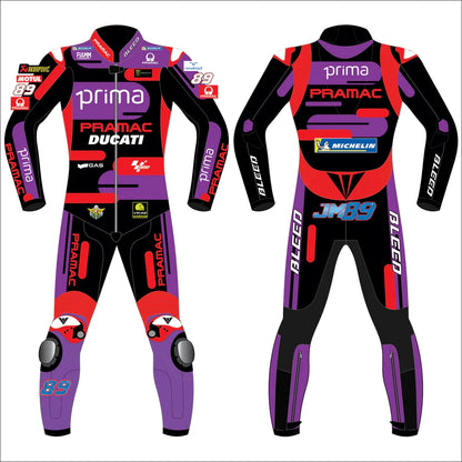2024 Jorge Martin Ducati Pramac MotoGP World Champion leather race suit in purple, red, and black with CE Level 2 armor, front view
