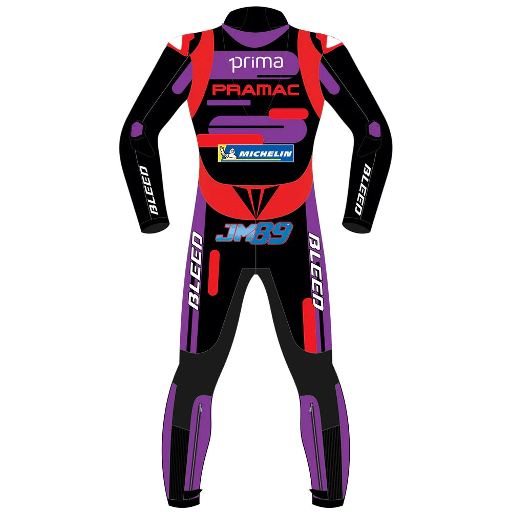 2024 Jorge Martin Ducati Pramac MotoGP World Champion leather race suit in purple, red, and black with CE Level 2 armor, front view