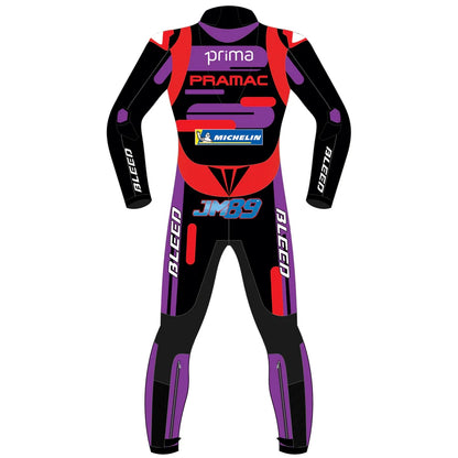 2024 Jorge Martin Ducati Pramac MotoGP World Champion leather race suit in purple, red, and black with CE Level 2 armor, front view