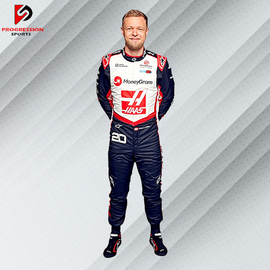 2024 Kevin Magnussen Haas F1 race suit in white with red and black accents and official MoneyGram Haas F1 Team sponsor logos

