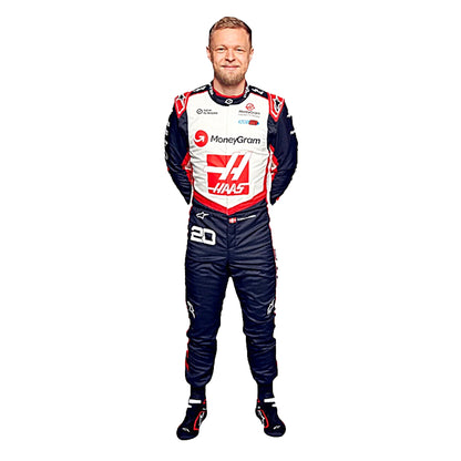 2024 Kevin Magnussen Haas F1 Race Suit in white and dark navy standing full length view