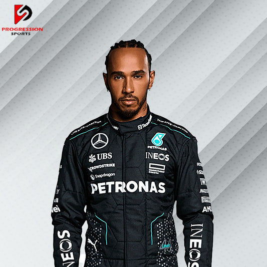 2024 Lewis Hamilton Mercedes F1 race suit in black with Petronas, AMG, Tommy Hilfiger, and Mercedes-Benz sponsor logos

