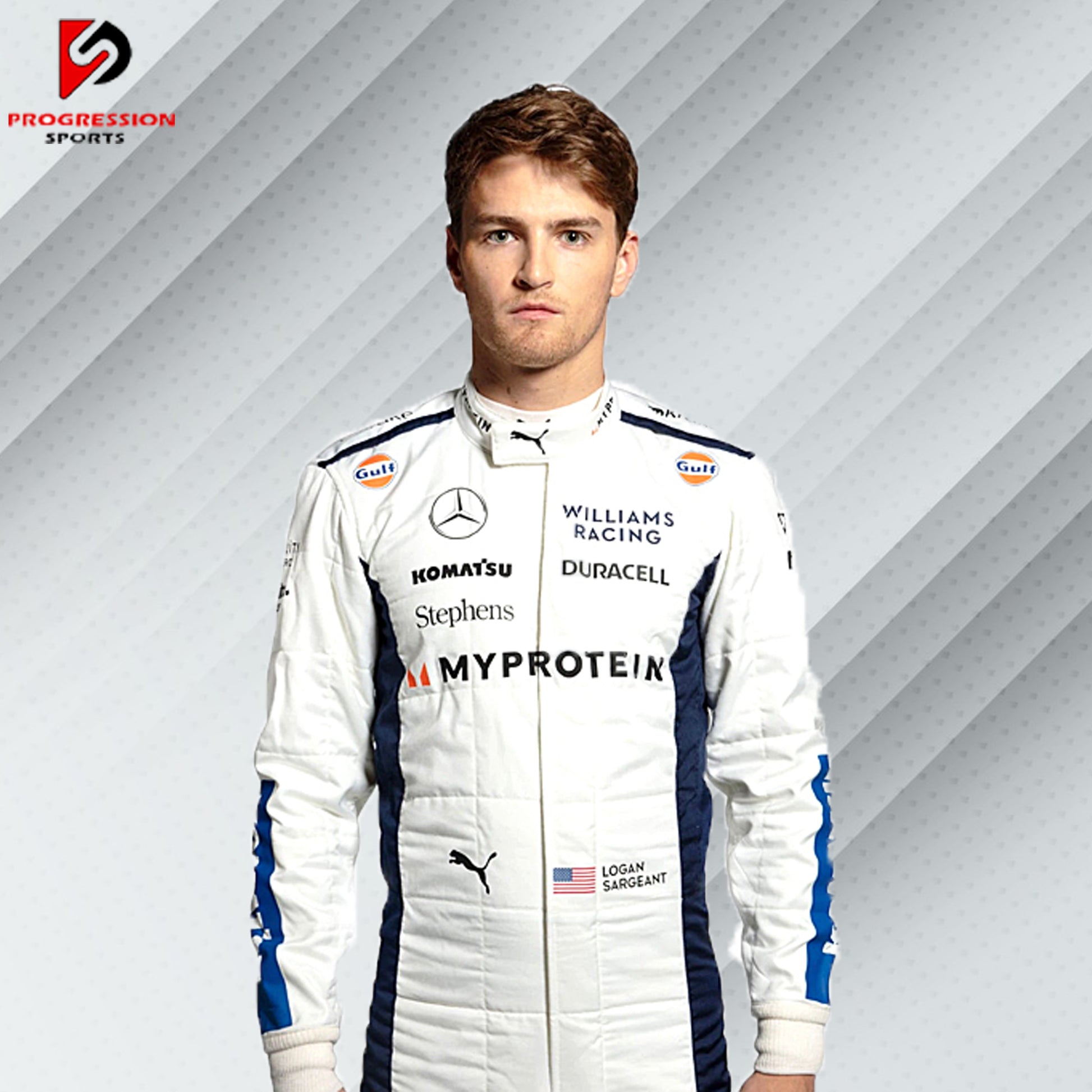 2024 Logan Sargeant Williams F1 race suit in blue with Duracell, Gulf, and Williams Racing sponsor logos


