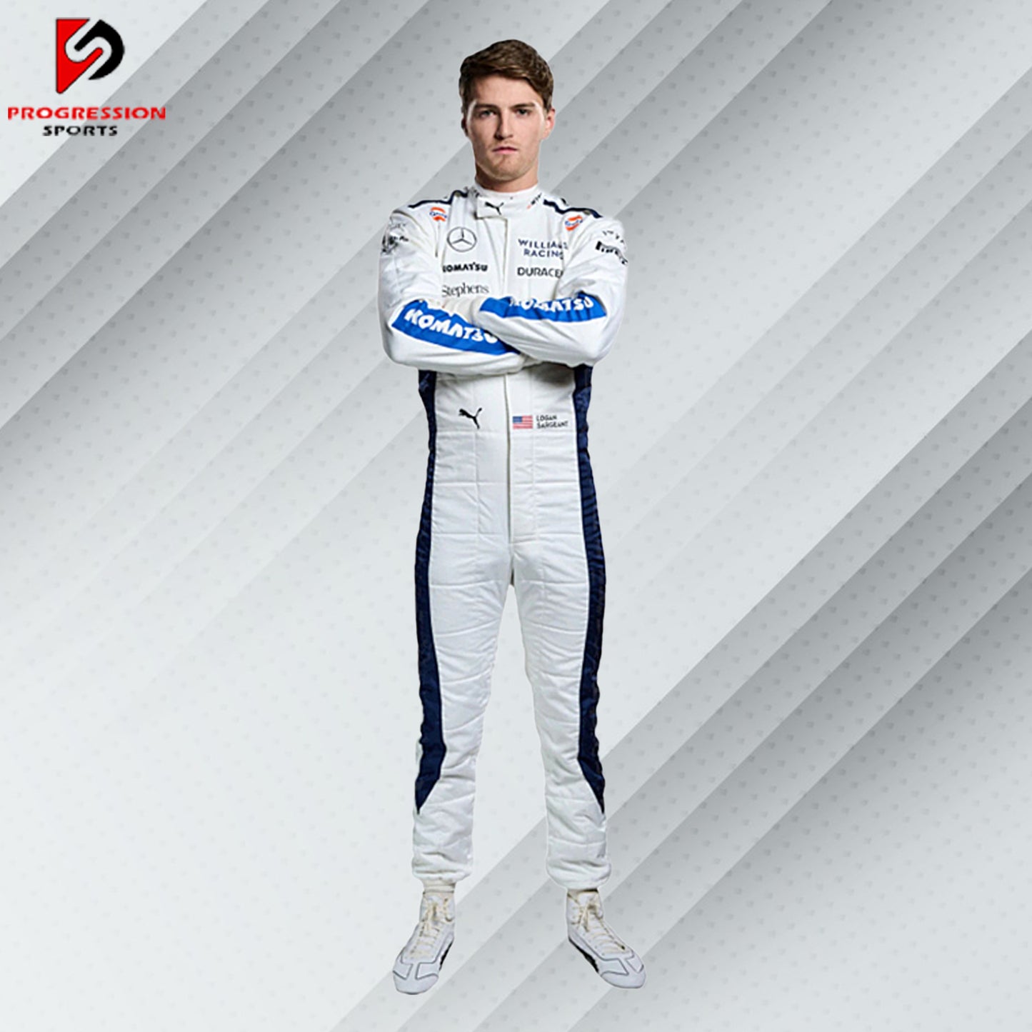 2024 Logan Sargeant Williams F1 race suit in blue with Duracell, Gulf, and Williams Racing sponsor logos


