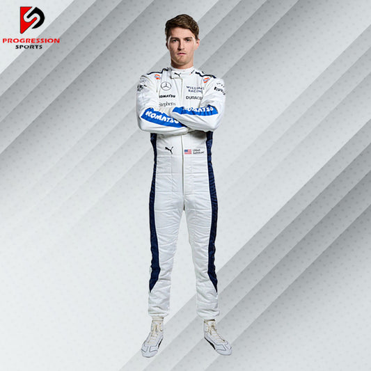 2024 Logan Sargeant Williams F1 race suit in blue with Duracell, Gulf, and Williams Racing sponsor logos

