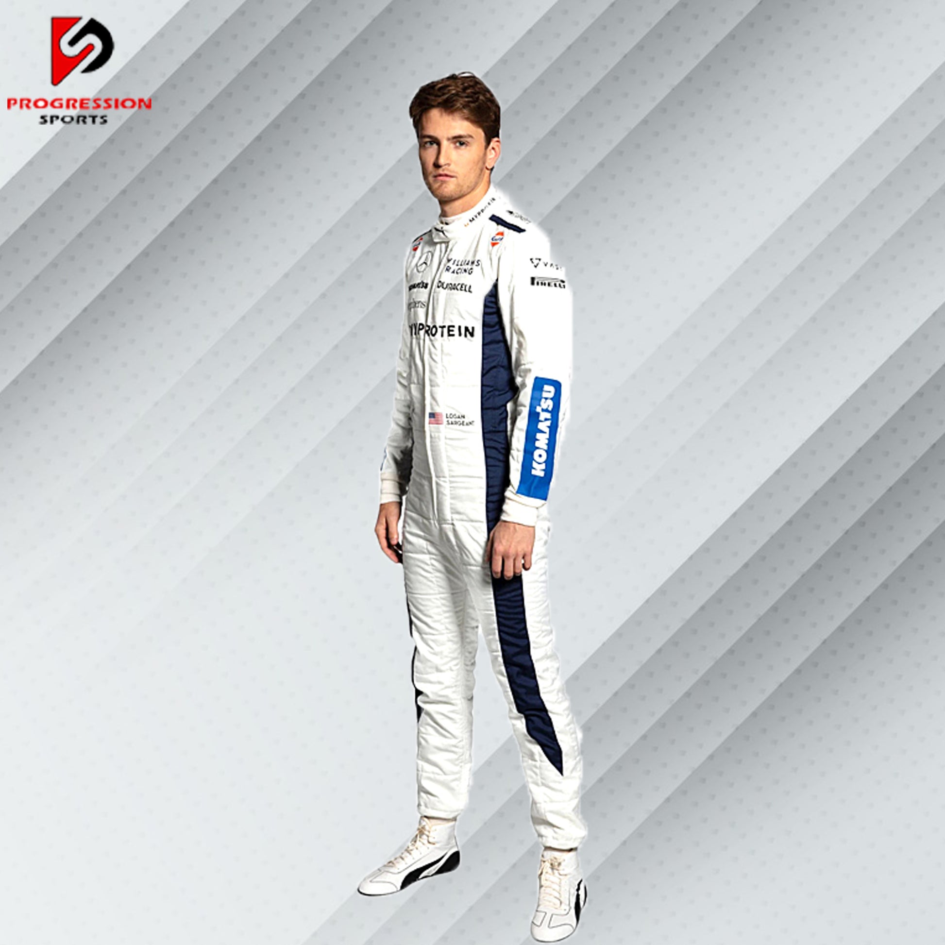 2024 Logan Sargeant Williams F1 race suit in blue with Duracell, Gulf, and Williams Racing sponsor logos

