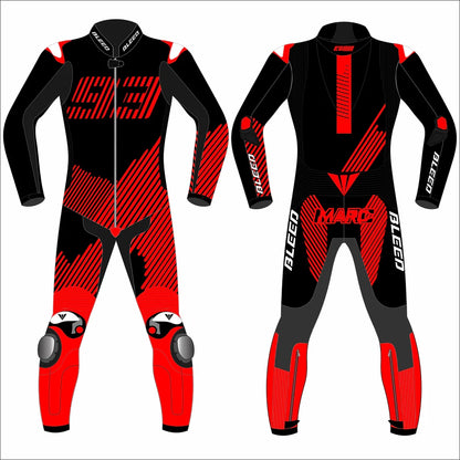 2024 Marc Marquez Winter Test MotoGP leather race suit in black and red with CE Level 2 armor, front view