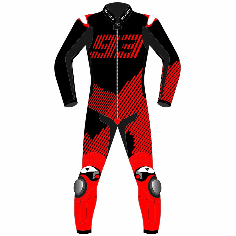 2024 Marc Marquez Winter Test MotoGP leather race suit in black and red with CE Level 2 armor, front view