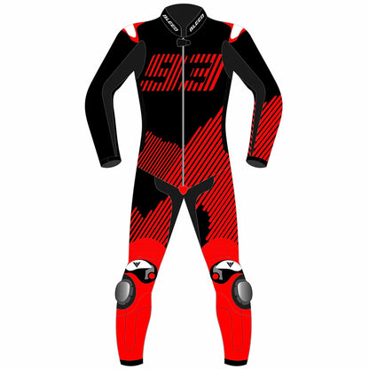 2024 Marc Marquez Winter Test MotoGP leather race suit in black and red with CE Level 2 armor, front view