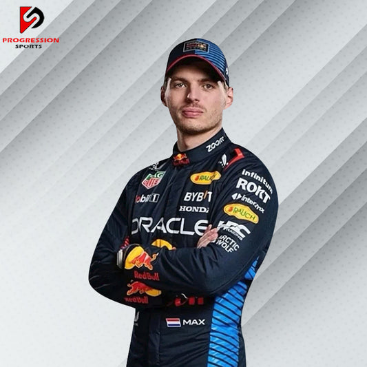 2024 Max Verstappen Red Bull Racing Formula 1 suit featuring the iconic navy blue design with red and yellow accents, adorned with sponsor logos such as Red Bull, Mobil 1, Honda, and Puma.