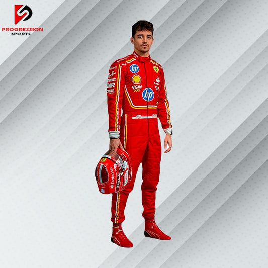 2024 Charles Leclerc Ferrari F1 Monaco GP race suit with red and white Monaco-themed design and official sponsor logos


