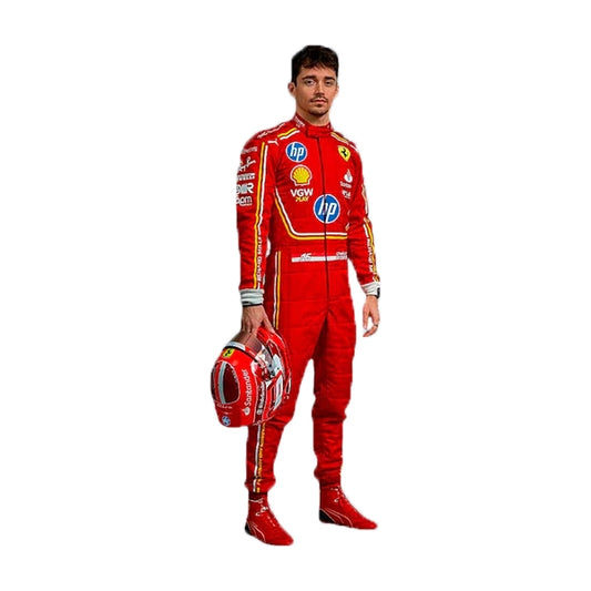 Person wearing a red racing suit with various logos on a white background