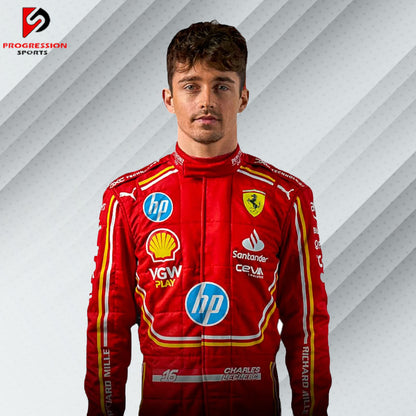 2024 Charles Leclerc Ferrari F1 Monaco GP race suit with red and white Monaco-themed design and official sponsor logos

